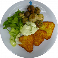 Gebratene frische Champignonköpfe dazu Röstitaler mit Kräuter-Sojajoghurt-Dip (3,18,22) und Frisee-Salat