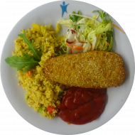 Seelachsfilet in Amaranth-Quinoa Panade (16,19,81,83) an Kräuter-Tomaten-Dip (9) dazu Bulgursalat mit frischen Kräutern (24,81) und Salatgarnitur + Aktion: 1 Getränk aus dem Coke-Sortiment 0,5l incl. Pfand für 1,00/1,10/1,30 €