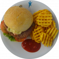 'Italian Bastard'- Burger mit Schinken, Mozzarella und Basilikumpesto (2,3,19,22,51,52,81) dazu Gitterkartoffeln (81)
