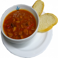1 kleine Kesselgulasch- Suppe, dazu Baguettscheibchen (2,3,9,22,24,49,51,81)