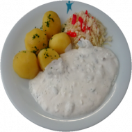 Pikanter Quark 'Liptauer Art',(9,19)oder Soja-Dip 'Liptauer Art'(9,18) mit Petersilienkartoffeln und buntem Salat