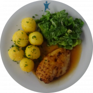 'Pollo con Mango' - Hähnchenbrust in Mango-Marinade (2,18,44,54,81) dazu Sesamkartoffeln (23) und Salatgarnitur