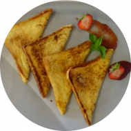 Frühstück in der cafete⁵⁵: 'Armer Ritter' - French Toast mit Konfitüre (15,19,81) dazu ein Heißgetränk 0,2l (dieses Angebot ist auch komplett vegan erhältlich)