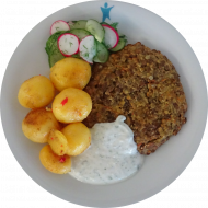mensaVital: Linsenbratling mit Joghurt-Dip und Chilikartoffeln dazu Gurken-Radieschen-Salat (15,19,23,49,81,83)
