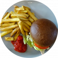'Vegan Fox Burger Falafel' mit Tomaten, Salat, Zwiebeln und Gurke (9,18,44,81,82,83) dazu als Menüoption: verschiedene Pommes Spezialitäten