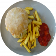 Burger 'Chicken on Slaw' mit Hähnchenschnitzel, Tomaten, Salat, Zwiebeln, Mayonnaise und Sweet-Chilisoße (1,2,9,15,18,54,81,83) dazu als Menüoption: verschiedene Pommes Spezialitäten