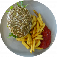 Sie können aus 6 verschiedenen Burgervariationen wählen. Heutige Tagesempfehlung: 'Red-Burger' mit Rote-Bete-Patty, Kürbischutney und Rucola (3,23,24,81,83,84) dazu als Menüoption verschiedene Pommes und House-Dip (9,22)