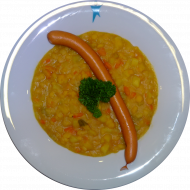 Erbseneintopf (3,21) dazu Wiener Würstchen (1,2,3,8,22,46,51,53) und Natursauerteigbrot (81,82)