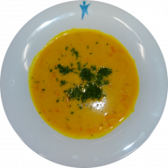 Karotten-Ingwer-Suppe mit Kokosmilch, frischem Ingwer und Sojasoße (2,18,81)