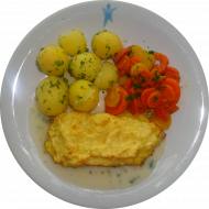 mensaVital: Seelachs unter Kartoffel-Senf-Kruste an Kerbelsoße und bunten Möhrchen dazu Kräuterdrillinge (2,15,16,19,22,24,81)