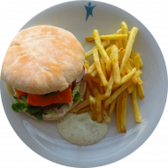 Die Empfehlung des Tages: Beyond Meat Burger mit Pumpkin Bun, mariniertem Kürbis, Radieschen und Petersilienmayonnaise (1,22,24,81) dazu Rustico frites