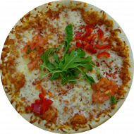 Pizza 'Margherita' mit Tomatensoße und feinem Mozzarella-Käse und frischem Rucola (19,51,81) 