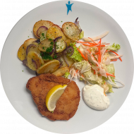 Schnitzelabend: Schweineschnitzel 'Cordon bleu' (2,3,19,51,81) oder gebratenes Putenschnitzel mit Zitronenecke (54,81) an Mayonnaise-Kräuter-Dip (15,19,81) dazu Bratkartoffeln (62) und Salatgarnitur