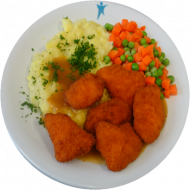 Chicken Crossies (54,81) an Geflügelsoße (54,81) und Mischgemüse dazu hausgemachtes Kartoffel-Sauerrahm-Püree (19)
