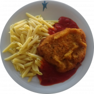 Schweineschnitzel Toscana mit würziger Kräuterpapande (13,15,51,81) an Tomaten-Kräuter-Soße (81) mit Makkaroni (81) und 1 Clementine