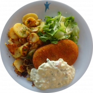 Gemüseschnitzel (81,85) mit hausgemachter veganer Kräuterremoulade (9,18,22) dazu Bratkartoffeln und Salatgarnitur