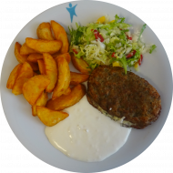 Hacksteak mit Frischkäse gefüllt (15,19,49,51,52,81) und Aioli-Dip (9,15,19,49,81) dazu Kartoffelspalten und kleiner Weißkraut-Paprikasalat