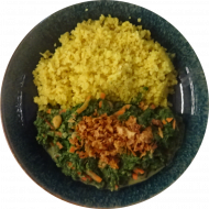 Kichererbsencurry 'Sweet and Spicy'mit buntem Gemüse und Tofuwürfeln (3,18,81) an Kräuterbulgur(81) oder Jasminreis 