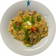 Paella mit Meeresfrüchte, Reis Hähnchen, Gemüse (14,19,26,49,54)