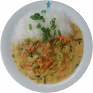 Putengeschnetzeltes 'Thailändische Art' mit Curry und Kokosmilch, Glasnudeln (19,54,81)
