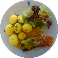 Fangfrischer norwegischer Lachs 'Caribbian Style' an fruchtiger Mangosalsa (16) dazu würzige Chili-Kräuter-Kartoffeln und bunter Salatmix