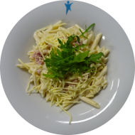 Pastaabend: Krawattennudeln mit Schinken-Sahne-Soße, frischem Schnittlauch und Reibekäse (2,3,19,81)