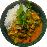 Streetfood: Marinierte Tofuwürfel 'Barbados' (2,3,18,49,81) dazu Jasmin-Duftreis