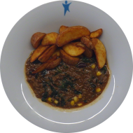 Geschmortes Rind Virgin Island mit Kidneybohnen, Mais, Spinat (3,19,21,52) dazu Wedges