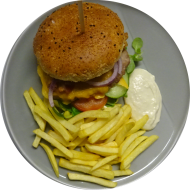 Sie können aus 5 verschiedenen Burgervariationen wählen. Heutige Tagesempfehlung: Burger 'Farmer' mit Duroc-Patty, Tomate, Eisberg, Zwiebeln und Senf-Meerrettich-Dip (2,3,9,15,19,22,24,51,81,83) dazu als Menüoption: verschiedene Pommes