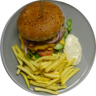 Sie können aus 6 verschiedenen Burgervariationen wählen. Heutige Tagesempfehlung: Burger 'Farmer' mit Rindfleischpatty, Bacon, Käse, Tomate, Feldsalat, Zwiebeln, Gurke und Senf-Meerrettich-Dip (2,3,15,19,22,24,51,52,63,81,83) dazu Menüoption Pommes