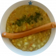 Erbseneintopf (3,21) mit Knacker (1,2,3,22,46,51) und Senf dazu Brötchen (81, 83)