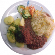 Grützwurst mit Sauerkraut (2,3,4,22,51,52,54,81,83) dazu würzige Schwenkkartoffeln