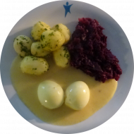 3 Eier in Senfsoße (9,15,19,22) und Rotkraut dazu Petersilienkartoffeln