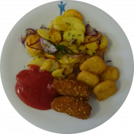 Plant Based Dipper-Plate mit Nuggets und Gemüsewings (81), Chili Dip (9,21,49) dazu Bratkartoffeln
