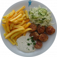 6 Köttbullar (15,51,52,81) mit Mayonnaise-Kräuter-Dip (9,15,19,81) dazu Pommes frites und Garnitur