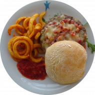 MENSALIEBLING: 'Italian-Bastard' Burger mit Schinken, Mozzarella und Basilikumpesto (2,3,4,6,19,22,51,52,81) dazu Twister Pommes (81)