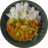 Navrathan Khani - indisches Gemüsecurry mit Möhren, Blumenkohl und Brokkoli (2,3,18,81) dazu Jasmin-Duftreis