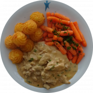 Schweinegeschnetzeltes mit Meerettich, Creme fraiche und Lauchzwiebeln (1,3,19,24,51,81) dazu Fingermöhrchen und Herzoginkartoffeln (19)