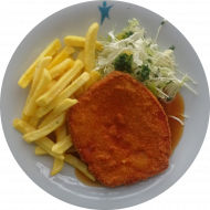 Hausgemachtes Riesenjägerschnitzel (2,3,8,15,21,22,51,81) an Bratensoße (81) dazu Pommes frites und Salatgarnitur