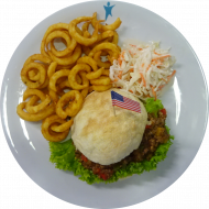 'Sloppy Joe' Burger- mit BBQ Hackfleischsoße, Paprika und Käse im Homestyle Bun(1,9,19,21,51,52,81) dazu Coleslaw(9,15,19,81)und Twister Pommes(81) 6.80€