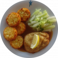 Schweineschnitzel Cordon bleu mit Zitrone (2,3,7,19,51,81) an Bratenjus (81) und Kohlrabigemüse mit Petersilie dazu Röstitaler