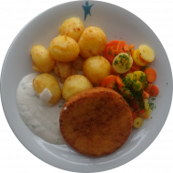 Blumenkohl-Käse-Medaillon (15,19,21,81) an Joghurt-Dip mit frischer Brunnenkresse (19) und Rustiko Carrots dazu würzige Schwenkkartoffeln