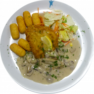 Schweineschnitzel(15,81) mit Rahmchampignons(19,81) dazu Kroketten (81) und Salatgarnitur