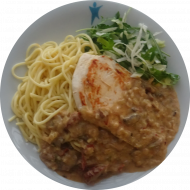 Hähnchenbrustfilet mit Pilzen und getrockneten Tomaten (3,19,24,54,81) auf Spaghetti (81) dazu Salatgarnitur
