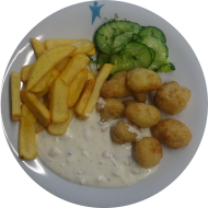 Blumenkohlnuggets im Backteig (15,81) an Kräuterremoulade (9,15,19,81) mit Steakhouse Pommes und Salatgarnitur