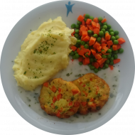 2 Gemüsefrikadellen (15,81) mit Bärlauchsoße (19,81) und Mischgemüse dazu Kartoffel-Sauerrahm-Püree (19)