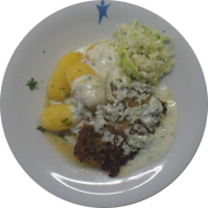 Schweinerückensteak 'Vindaloo' mit Joghurt-Gurken-Raita (1,19,24,48,49,51) dazu Backkartoffeln (3,24) und Salatgarnitur