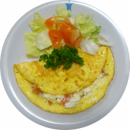 Eieromelette mit frischen Cherrytomaten, Mozzarellabällchen und Basilikum (15,19) dazu Salat der Saison