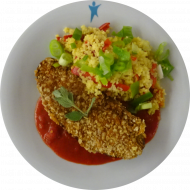 Kleine Portion: Aubergine im Haferflockenmantel an Tomatensoße mit Gemüsebulgur (62,81,84)