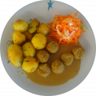 6 Kichererbsenbällchen 'Falafel' (21,81) an pikanter Satésauce (2,17,18,49,81) dazu würzige Chili-Kräuter-Kartoffeln und Chinakohl-Möhren-Salat